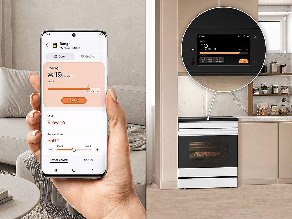 The image shows a person holding a cell phone with a timer app displaying that there are 19 minutes left for cooking. The app is showing the temperature of 350°F, which is ideal for baking a brownie. The oven is located in the background, and the timer is set to end at 7:35 PM. The person is likely using the timer app to ensure that the brownie is cooked to perfection.