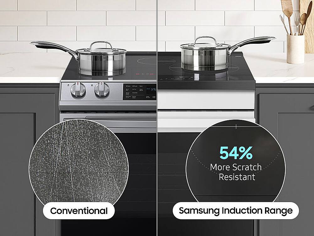 The text on the image is grouped as follows:

"375°F" and "54% More Scratch Resistant" are grouped together as a single statement.
"Conventional" and "Samsung Induction Range" are grouped together as a single statement.
