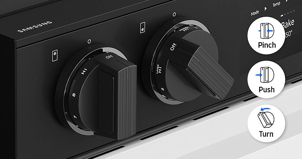 The text on the image reads: "SAMSUNG O Hi Off Large Large Hi Off & Temp Mode Bake 50 Pinch 8 8 Push 7 1  Turn." This text is grouped and corrected as follows:

Group 1:
SAMSUNG O Hi Off Large Large Hi Off & Temp Mode Bake 50 Pinch 8 8 Push 7 1  Turn

Corrected text:
SAMSUNG O Hi Off Large Large Hi Off & Temp Mode Bake 50 Pinch 8 8 Push 7 1  Turn