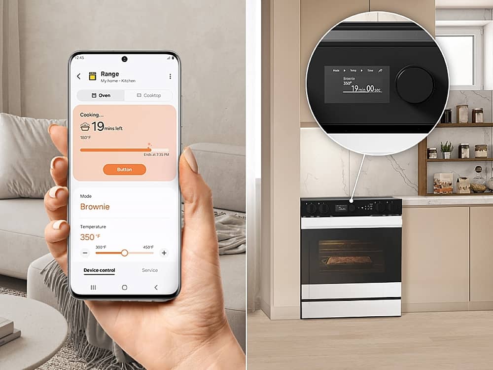 The image shows a person holding a cell phone with a timer on the screen, indicating that they are cooking a brownie. The timer reads 19 minutes left, and the temperature is set at 350°F. The person is using a kitchen oven and cooktop to prepare the brownie. The image also displays a kitchen scene with an oven and a clock on the wall.