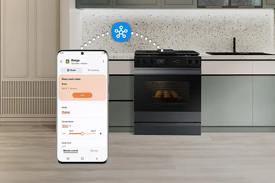 The image features a kitchen with a stove, oven, and sink. A cell phone is placed above the stove, displaying the time of 2:45. The most used mode on the stove is Bake, set at a temperature of 220 degrees Celsius for 30 minutes. The image also shows that the oven is being used, and the cooktop is being used for baking. The device control service is available for the user to access.