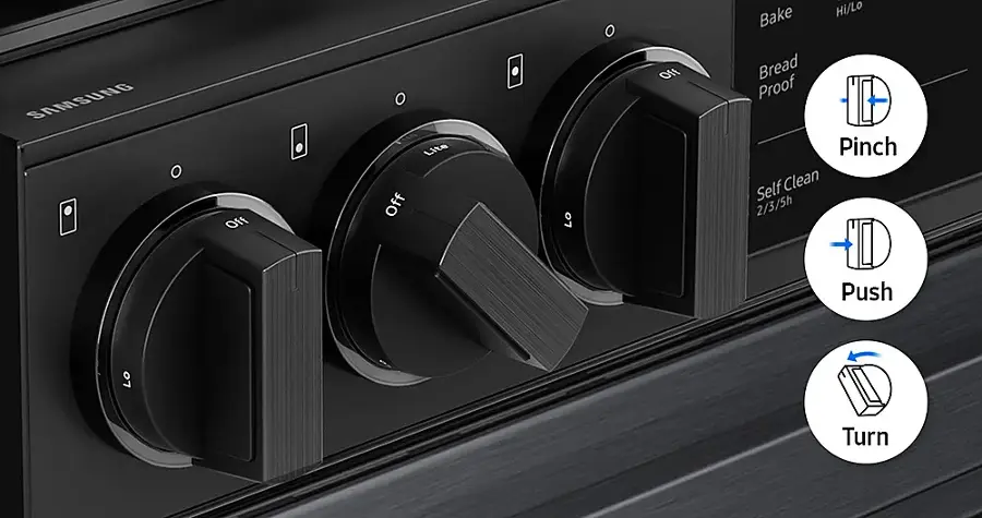 The image shows a close-up of a Samsung oven control panel with various settings. The settings include:

1. O Off: This setting turns off the oven.
2. Bake Hi/Lo: This setting allows the user to choose between high or low baking temperatures.
3. Bread Proof: This setting is used for proofing bread.
4. Pinch: This setting is used for defrosting or reheating food.
5. Self Clean: This setting initiates the self-cleaning process for the oven.
6. 2/3/5h: This setting allows the user to choose the cooking time for the selected temperature.
7. Push: This button is used to start the cooking process.
8. Turn: This button is used to turn off the oven.