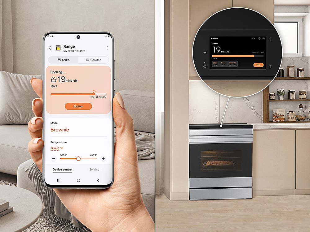 The image shows a person holding a cell phone with a timer displaying 19 minutes left. The timer is related to the cooking of a brownie, as indicated by the temperature of 350°F. The image also features a kitchen scene with an oven and a microwave, further emphasizing the cooking context.