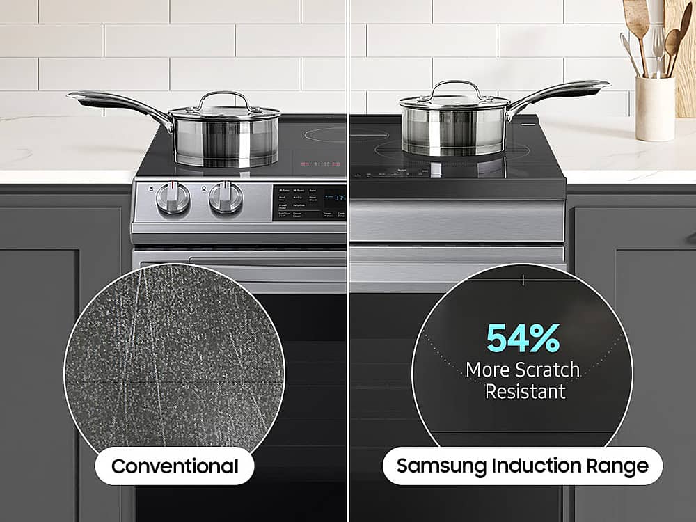 The text on the image is grouped as follows:
375 54% More Scratch Resistant Conventional Samsung Induction Range