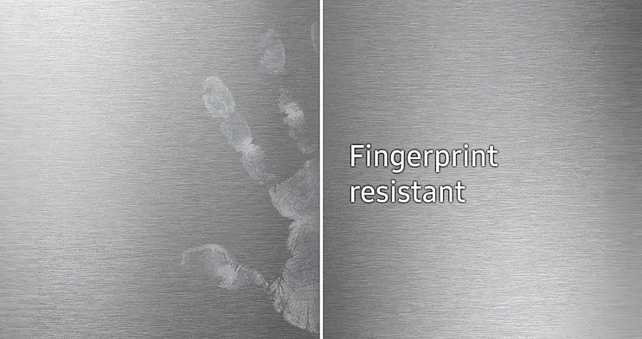 The text on the image reads "Fingerprint resistant," which means that the surface is designed to resist fingerprints, making it difficult for them to be left behind. This can be particularly useful in settings where maintaining cleanliness and hygiene is important, such as in hospitals, public restrooms, or high-traffic areas.
