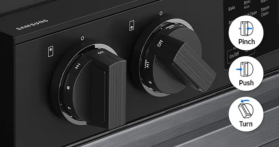 The image features a Samsung oven with a control panel. The control panel has a knob for the oven temperature, which can be set to "Hi," "Off," or "Low." There are also buttons for "Pinch," "Warm Bake," "Hi/Lo Steam," "Clean," and "Turn." The oven is designed to provide precise temperature control and various cooking options for users.