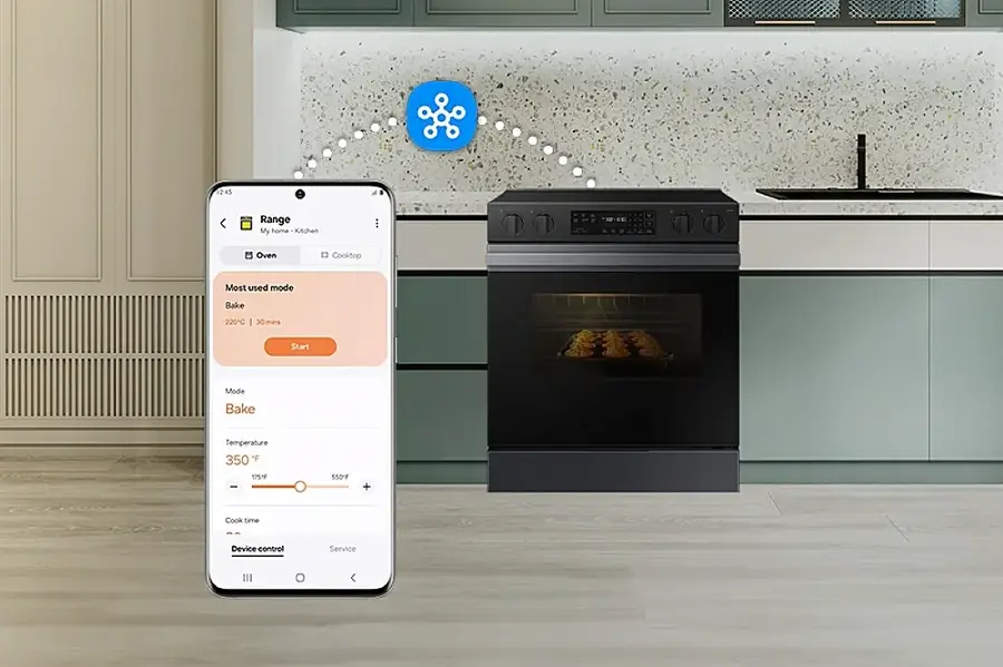 The image shows a kitchen with a smartphone and a smart oven. The smartphone is displaying the most used mode, which is Bake, at a temperature of 350°F for 30 minutes. The smart oven is located next to the smartphone, and it is also showing the same information. The image suggests that the smartphone and oven are connected and synchronized, allowing for easy control and monitoring of the cooking process.