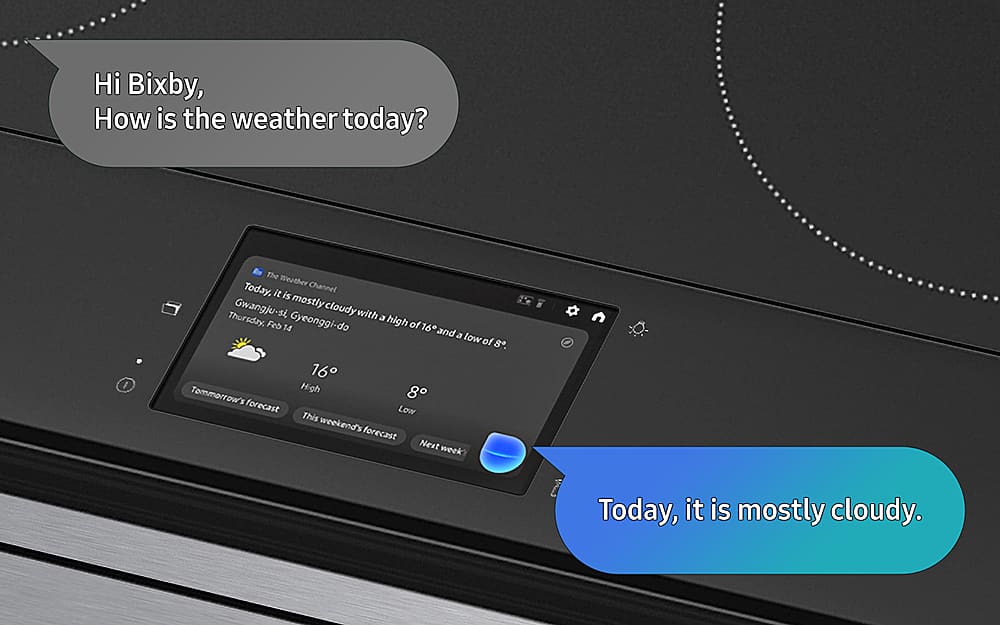 Hi Bixby, How is the weather today? The Weather Today, it Channel is Gwangju-si, mostly cloudy Thursday, with a Feb 14 Gyeonggi-do high of 16 and a low of 8. 16 High 8 Tomorrow's forecast Low This weekend's forecast Next week Today, it is mostly cloudy.