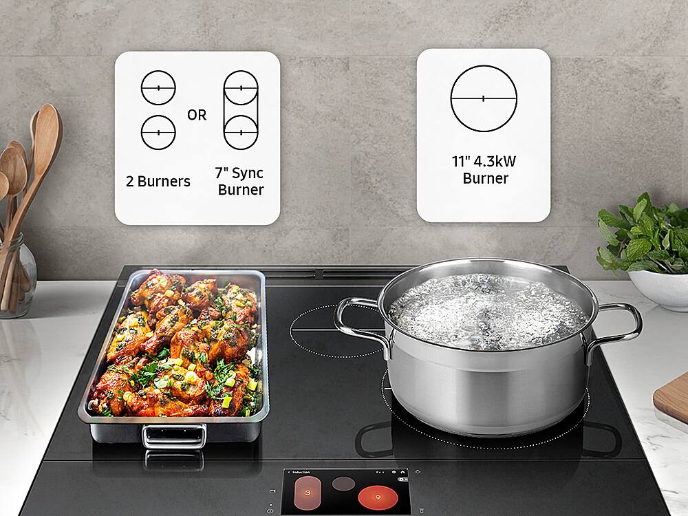 The image features a stove with two pans on it. One pan is filled with food, while the other is empty. There are two burners on the stove, each with a different size and power output. The larger burner is rated at 7" Sync 2 Burners, while the smaller burner is rated at 11" 4.3kW Burner. The stove is set to 2 burners, which means both burners are turned on simultaneously. The image also shows a pot of water on the stove, indicating that it is being used for cooking purposes.