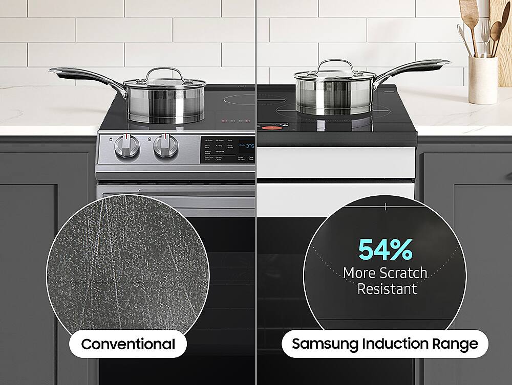 The text on the image can be grouped and corrected as follows:
"18L 3 R 375 54% More Scratch Resistant Conventional Samsung Induction Range"
This text describes a Samsung oven with a 18-liter capacity, three burners, and a 375-degree temperature setting. The oven is advertised as being more scratch resistant than conventional ovens, and it is an induction range.