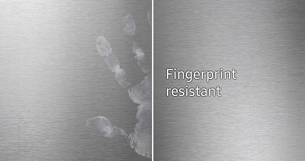 The text on the image reads "Fingerprint resistant," which means that the surface is designed to resist fingerprints, making it difficult for them to be left behind. This can be particularly useful in settings where maintaining cleanliness and hygiene is important, such as in hospitals, public restrooms, or high-traffic areas.