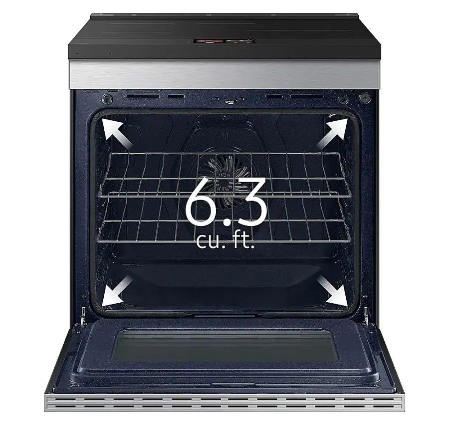 The image features a blue oven with a clear glass door, showcasing the interior. The oven has a capacity of 6.3 cubic feet.