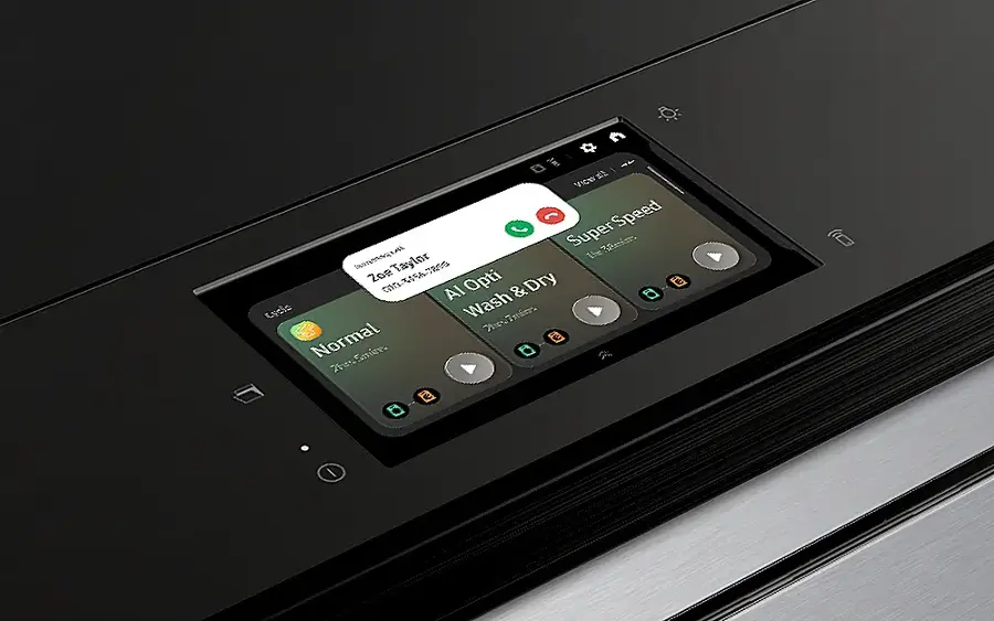 The image shows a control panel with a screen displaying the options for a washing machine. The largest text reads "AI & Level Wash." The following text is cleaned up as follows:

"VICW (S Speed LAL Super PT Taylor ans Zoe 0nos67ans Opti Dry AI & Level Wash & Normal a MteSmen S a (c I A)".