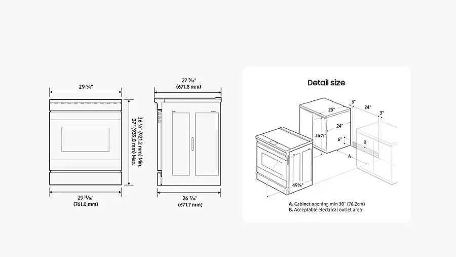 The image features a set of instructions for a cabinet, with the largest text stating "Detail size." The following text provides dimensions for the cabinet, including the maximum and minimum sizes, as well as the acceptable electrical outlet area. The text also includes a note about the cabinet opening.