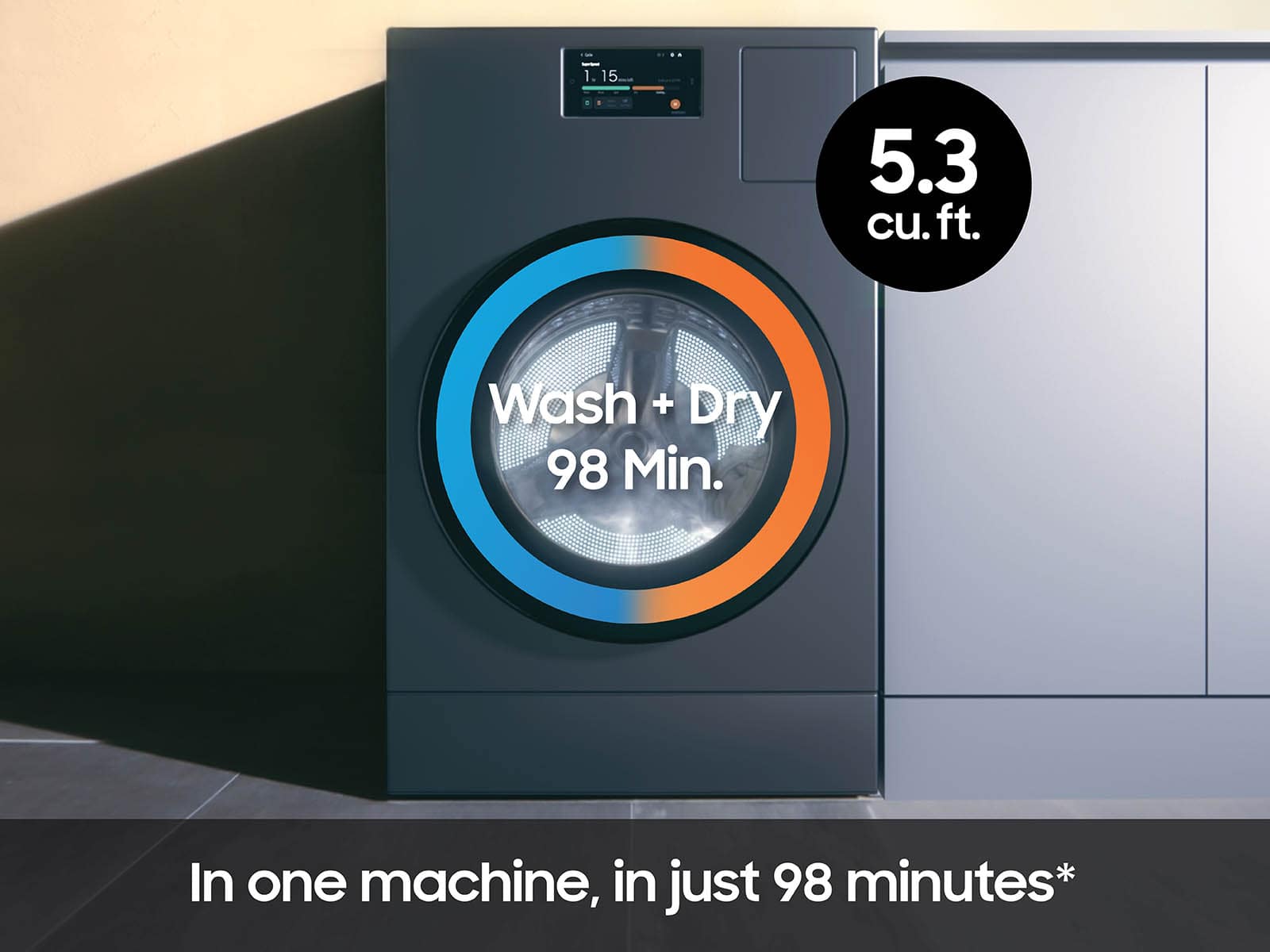 The image features a large washing machine and dryer combo. The machine is advertised as being able to wash and dry clothes in just 98 minutes. The machine is described as having a 5.3 cubic foot capacity, making it suitable for larger loads of laundry. The image emphasizes the convenience and efficiency of this appliance, as it combines both washing and drying functions into one machine, saving time and effort for the user.