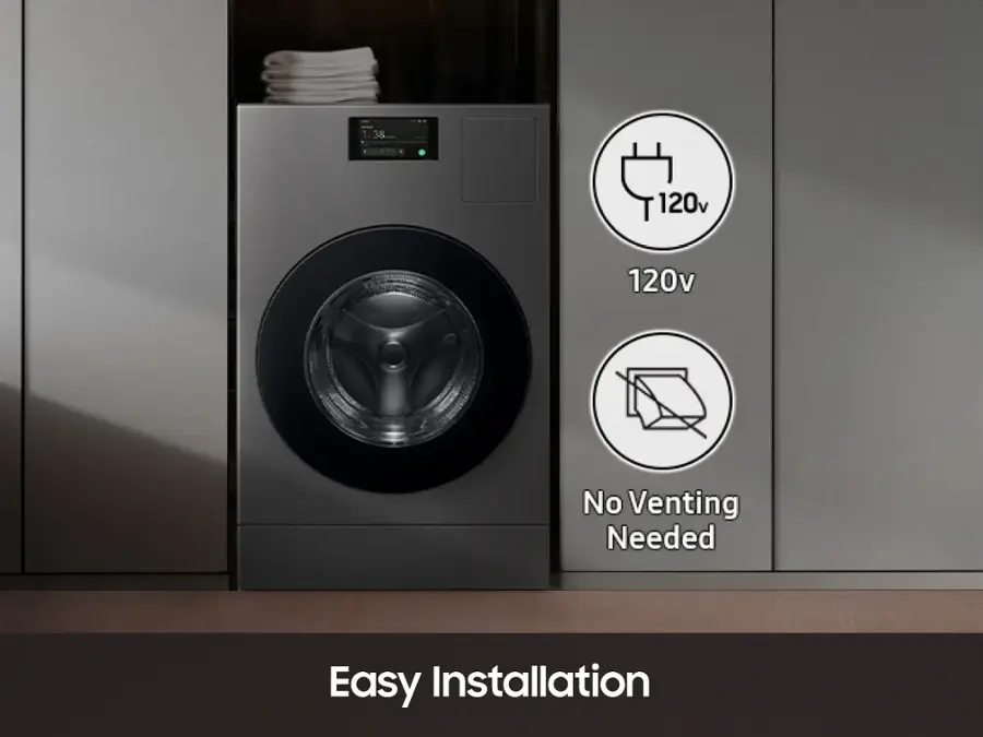 The image features a washing machine with a large 120V label on it, indicating that it requires 120 volts to operate. The machine is designed for easy installation and does not require any venting. The washing machine is placed next to a cabinet, which might be used for storage or organization purposes.