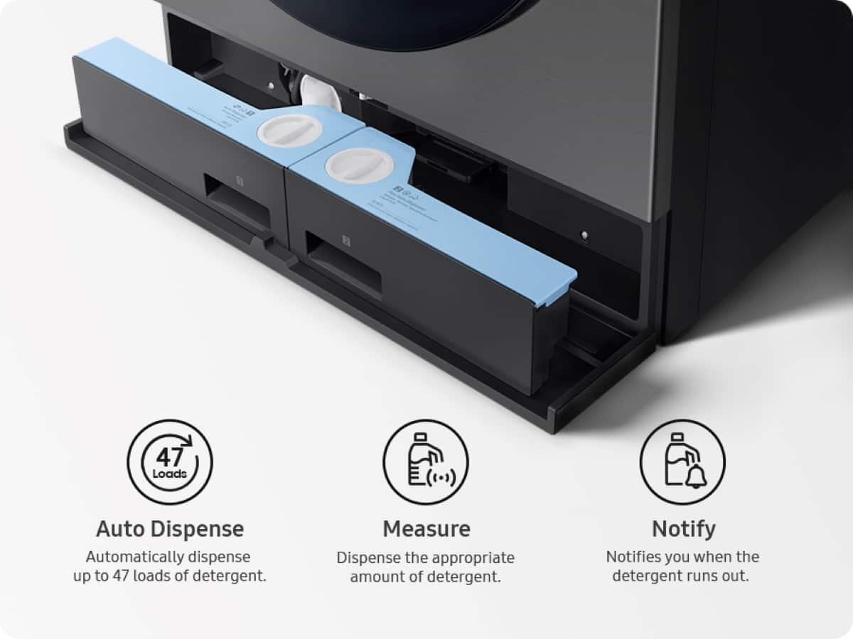 The image features a dishwasher with a detergent dispenser, which has four buttons on it. The largest text on the image reads "Auto Dispense," indicating that the dishwasher dispenses detergent automatically. The other three buttons are labeled "Measure," "Notify," and "Auto Dispense." The "Measure" button dispenses the appropriate amount of detergent, while the "Notify" button alerts the user when the detergent runs out. The "Auto Dispense" button is used to dispense up to 47 loads of detergent.
