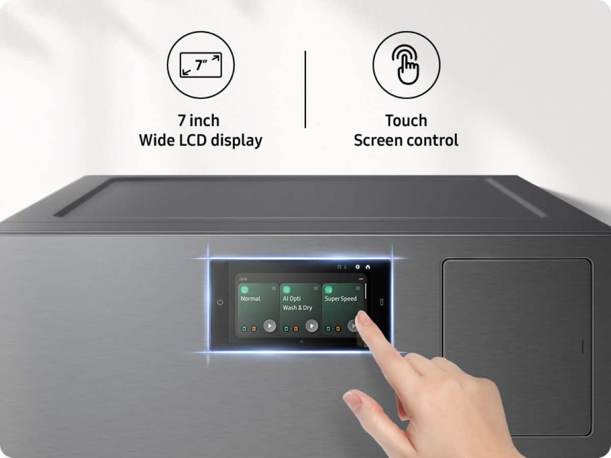 The image features a person's hand pressing a button on a washing machine, which has a 7-inch wide LCD display and touch screen control. The machine is designed for efficient washing and drying, with a super speed feature for quicker processing. The hand is pointing at the control panel, indicating the user's interaction with the device.