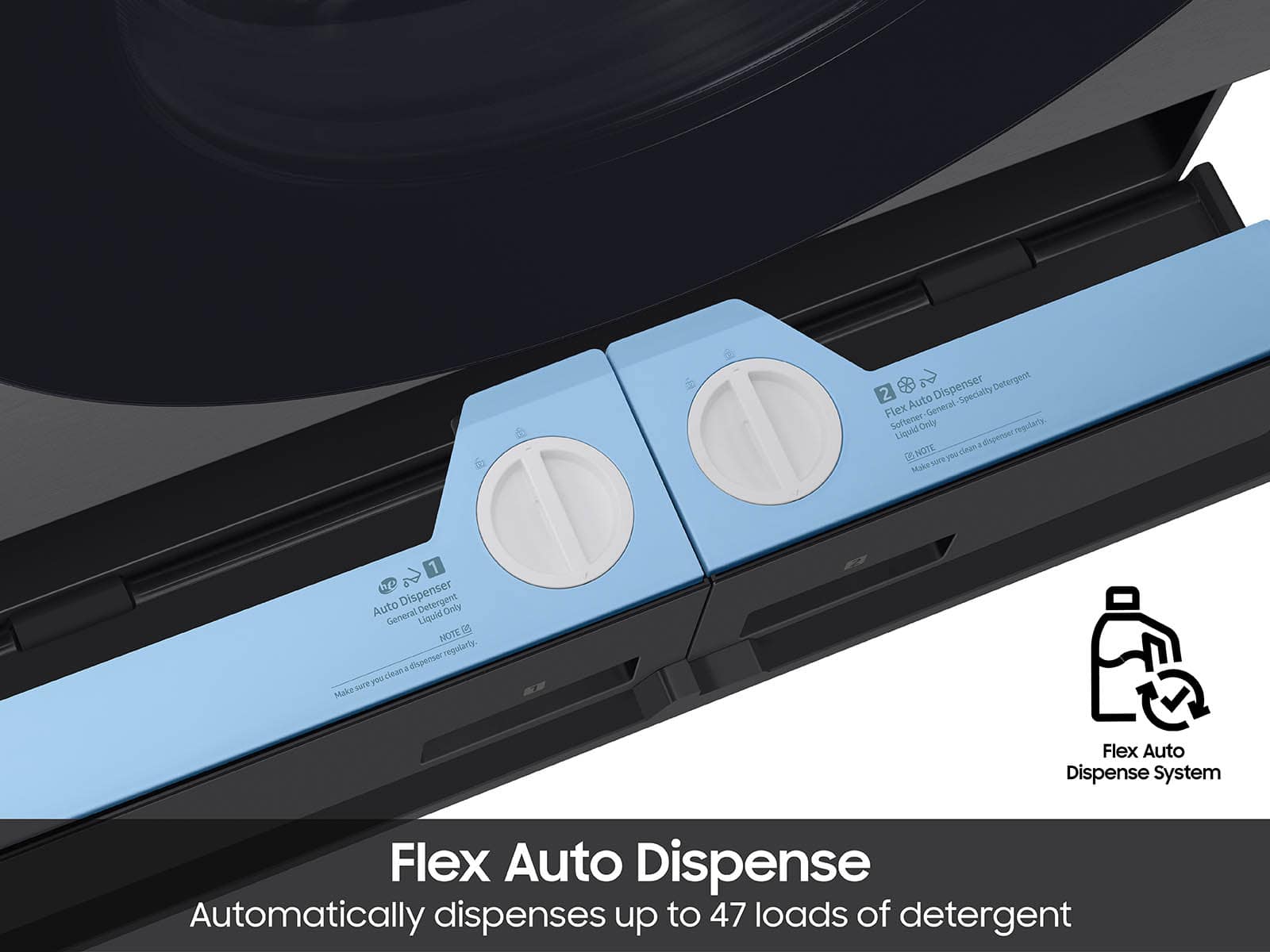 The image features a Flex Auto Dispense System, which is designed to automatically dispense up to 47 loads of detergent. The system is made up of two dispensers, each containing a different type of detergent. The dispensers are placed on top of a machine, which is likely used for washing vehicles. The system is intended to provide a convenient and efficient way to dispense the detergent, making it easier for users to maintain their vehicles.