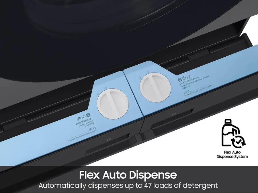 The image features a Flex Auto Dispense System, which is designed to automatically dispense up to 47 loads of detergent. The system is made up of two dispensers, each containing a different type of detergent. The dispensers are placed on top of a machine, which is likely used for washing vehicles. The system is intended to provide a convenient and efficient way to dispense the detergent, making it easier for users to maintain their vehicles.