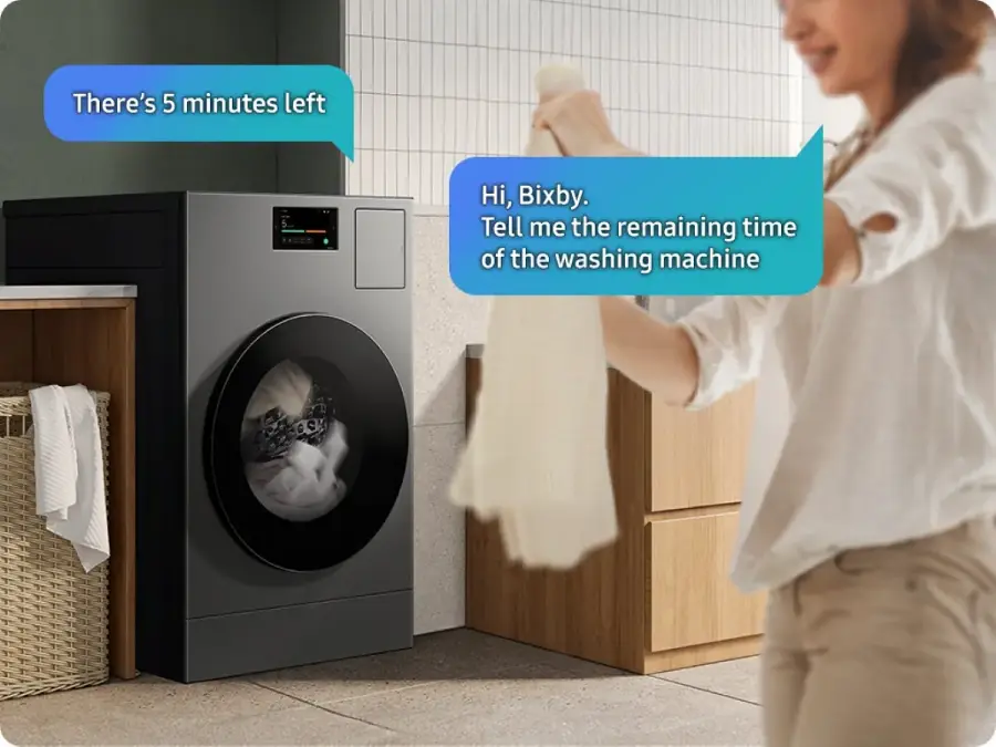 There's 5 minutes left. Hi, Bixby. Tell me the remaining time of the washing machine.