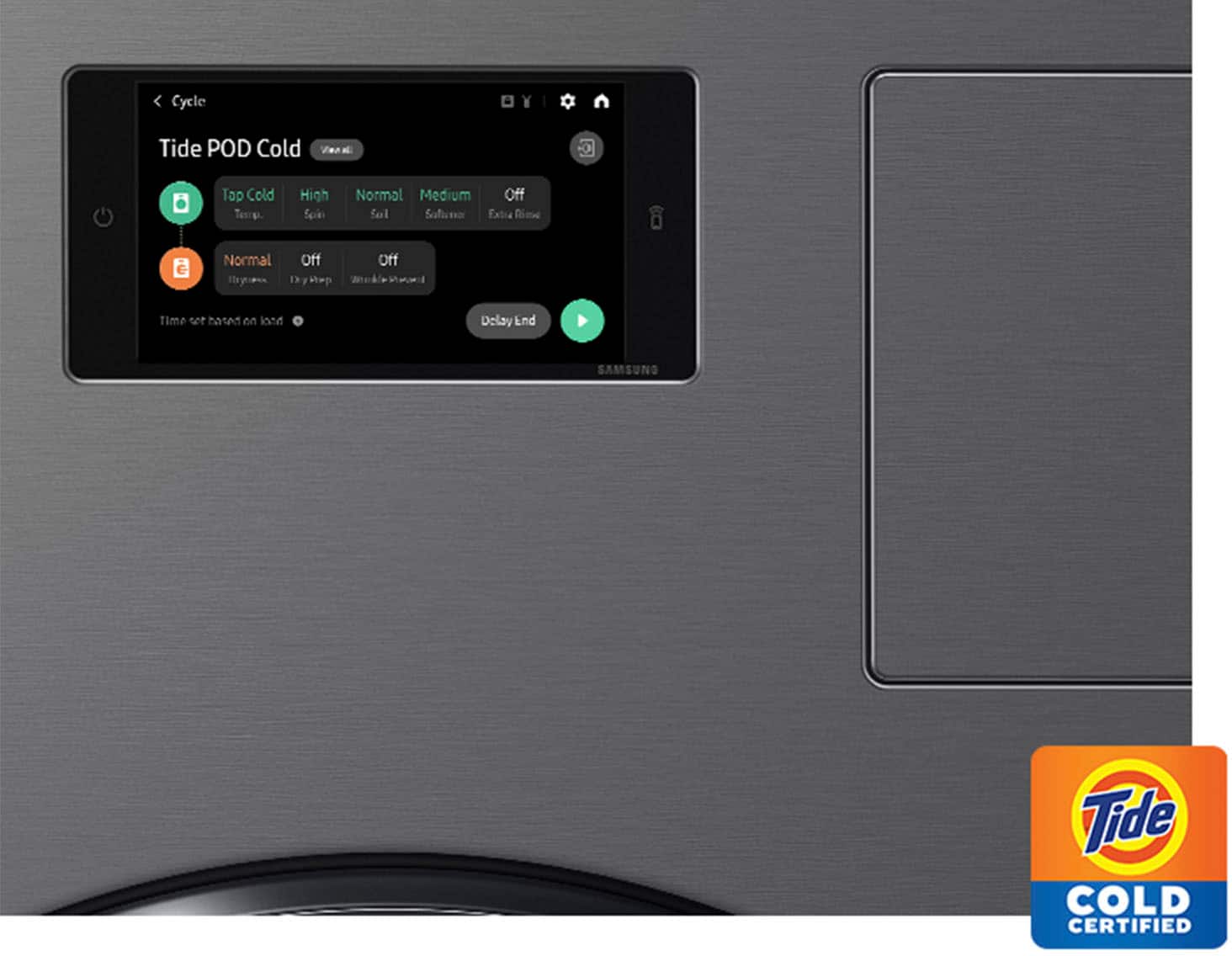 The image features a Tide Pod Cold washer and dryer, which is a Samsung product. The machine has a touch screen display that shows the current settings, including the cycle, temperature, and time. The display also shows the remaining time for the cycle. The machine is designed to provide cold water washing and drying capabilities, making it suitable for cleaning delicate or cold-water-sensitive items.