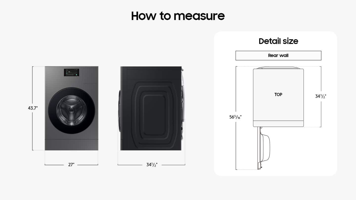 The image shows a washing machine and dryer combo with a detailed size chart. The chart includes measurements for the top, rear wall, and other dimensions of the appliance. The top of the machine is 341/2" (87 cm) high, while the rear wall is 43.7" (111 cm) wide. The dryer is 565/16" (143.5 cm) wide, and the overall width of the appliance is 27" (68.6 cm). The height of the machine is 347/2" (88.2 cm) tall.