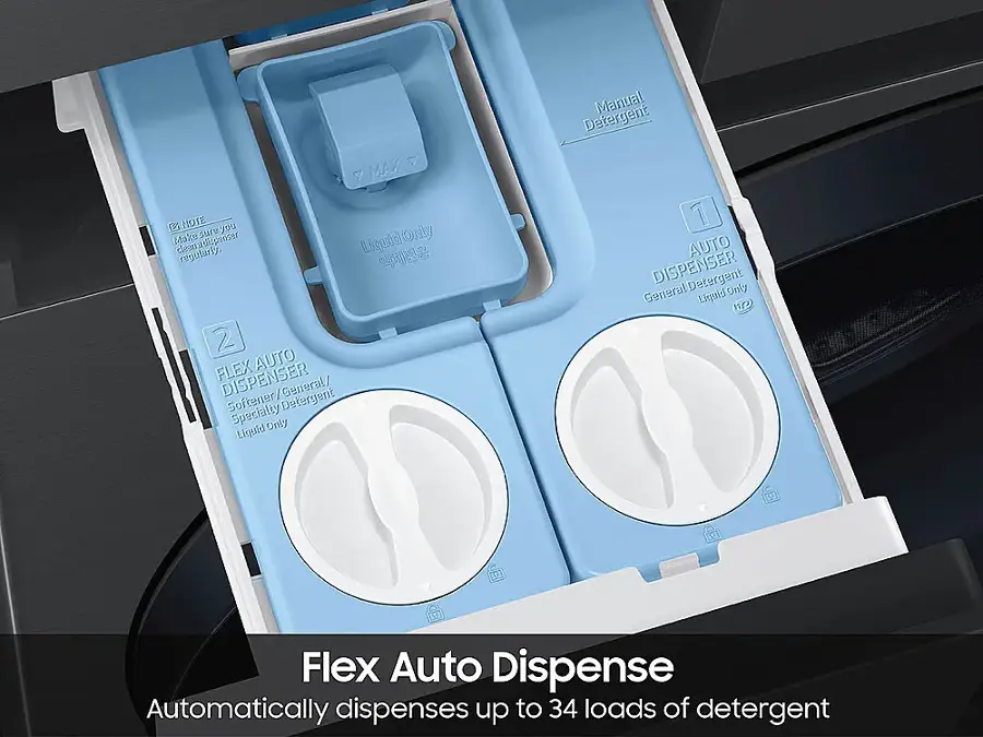 FLEX AUTO DISPENSER: Automatically dispenses up to 34 loads of detergent.
