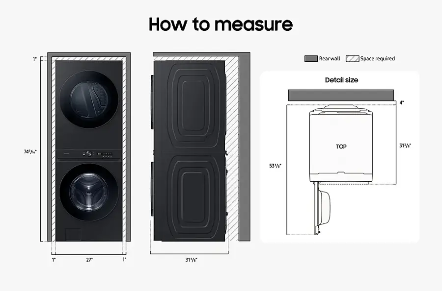 How to measure: 1" Rearwall Z Space required Detail size: 4" 74%/1 TOP 313" 53%" 1 27" 1 313"