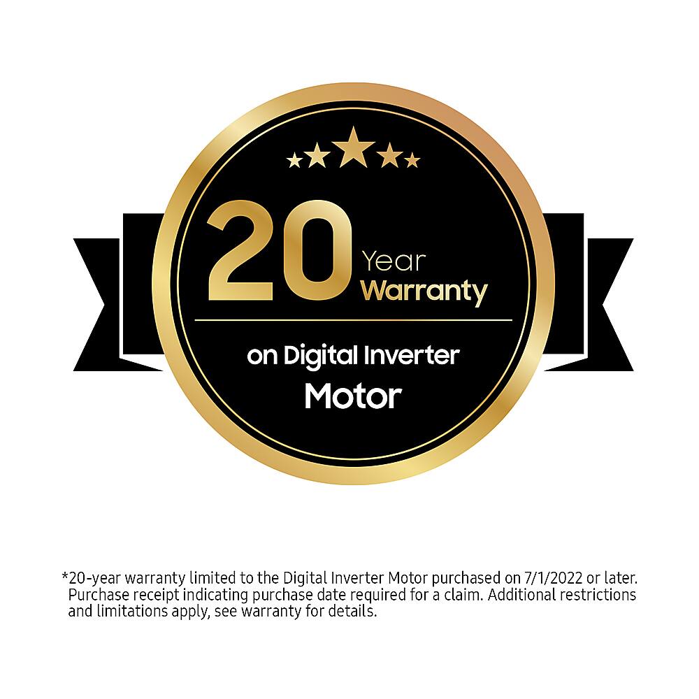 The image features a 20-year warranty on a digital inverter motor for a washer and dryer combo unit. The warranty is limited to the digital inverter motor purchased on or after 7/1/2022, and a purchase receipt indicating the purchase date is required for a claim. Additional restrictions and limitations apply, so it is essential to read the warranty for details.