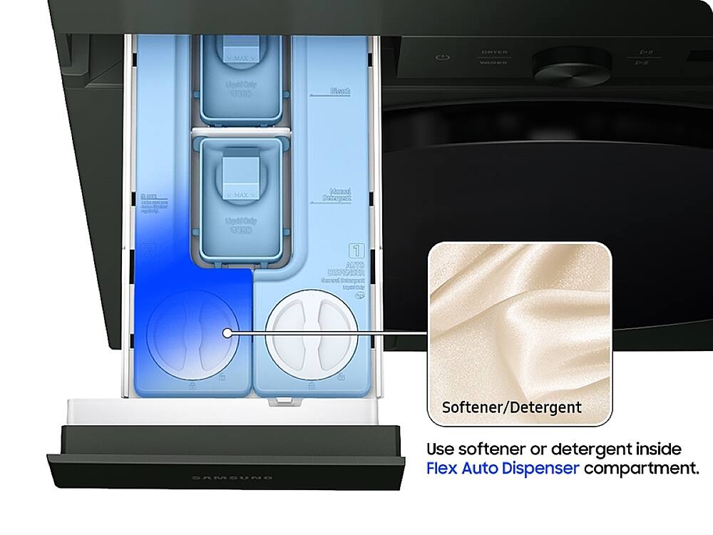 The image features a stacked washer and dryer combo unit with a large text that reads "Flex Auto Dispenser Compartment." The image also contains a smaller text that says "Use softener or detergent inside Flex Auto Dispenser compartment." The text is accompanied by a picture of the washer and dryer combo unit, which has a compartment for the softener or detergent.