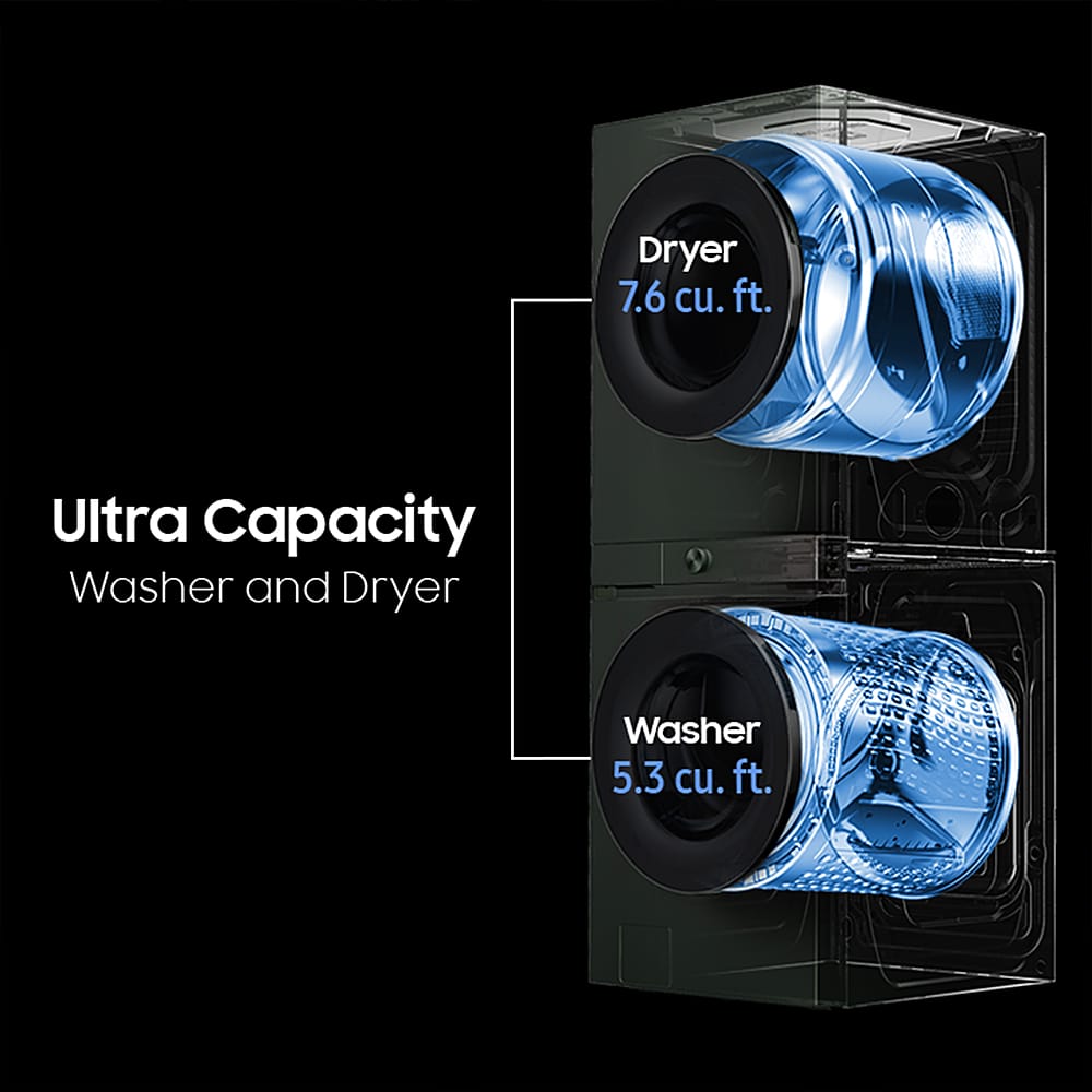 The image features a stacked washer and dryer combo unit, with the dryer occupying the top half of the unit and the washer taking up the bottom half. The dryer is labeled as having a 7.6 cu. ft. capacity, while the washer is labeled as having a 5.3 cu. ft. capacity. This combination of washer and dryer is designed to save space and provide efficient laundry solutions for users.