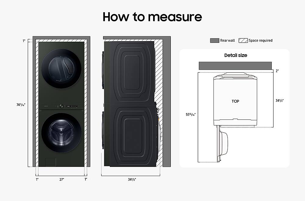 The image shows a stacked washer and dryer combo unit with a detailed size chart. The text "How to measure" is the largest and most prominent, while the following text is categorized as Stacked Washer and Dryer Combo Units. The text provides information about the required rear wall Z space, detail size, and the dimensions of the unit. The image also includes a diagram that illustrates the dimensions and measurements of the stacked washer and dryer combo unit.