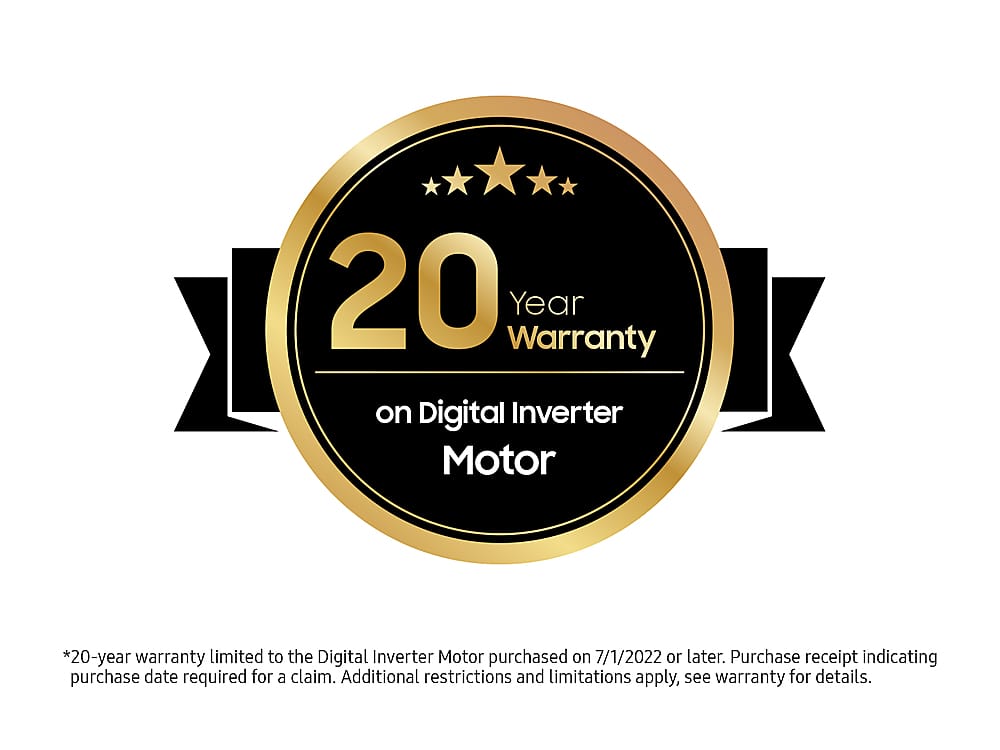 The image features a 20-year warranty on a digital inverter motor, with a gold star and a black border. The warranty is limited to the digital inverter motor purchased on or after July 1, 2022. A purchase receipt indicating the purchase date is required for a claim, and additional restrictions and limitations apply.
