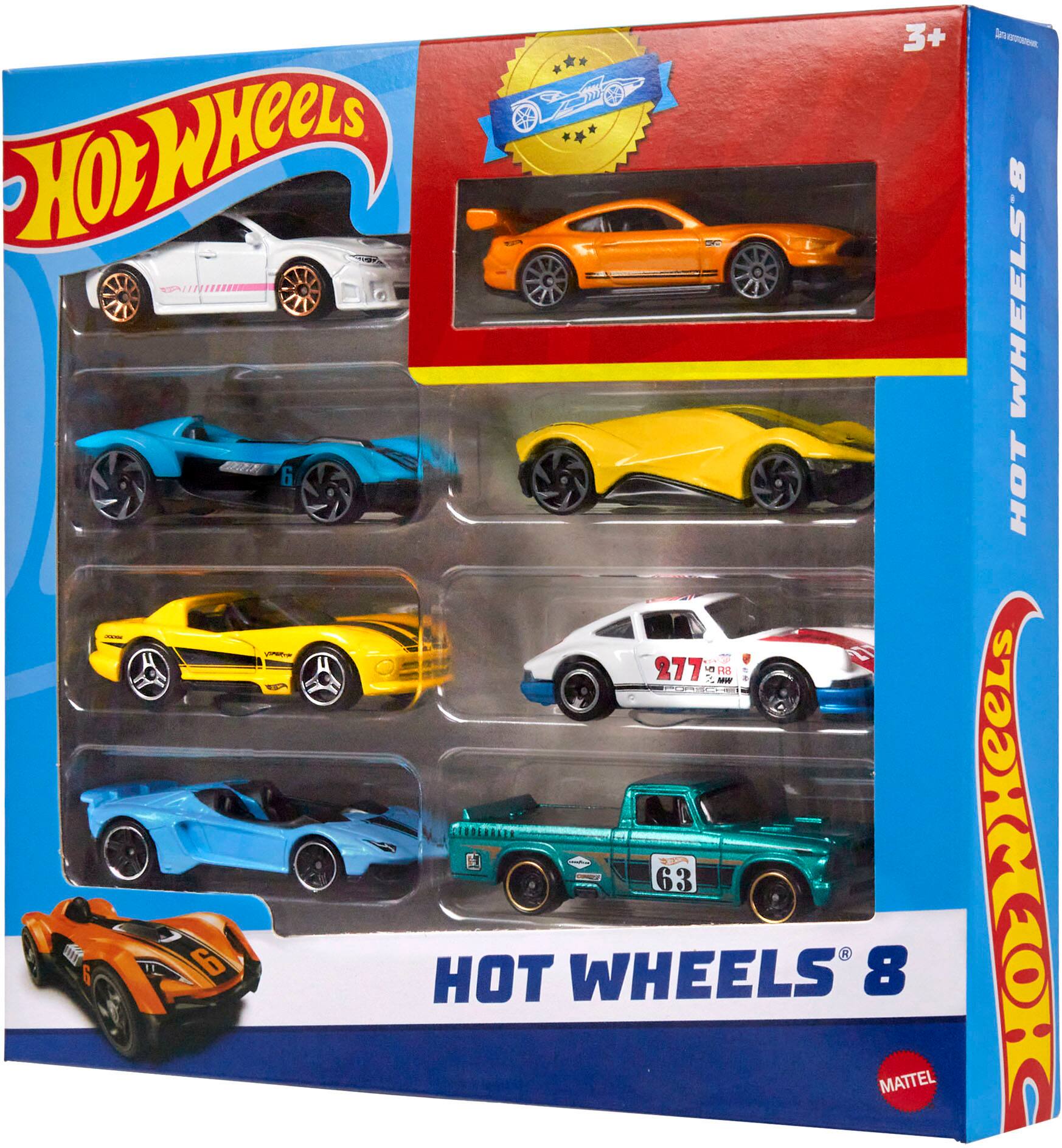 The image features a Hot Wheels display case containing a variety of toy cars. There are nine cars in total, each with different colors and designs. The cars are arranged in a visually appealing manner, showcasing the variety of the Hot Wheels collection. The display case is designed to protect and showcase the cars, making it an attractive addition to any toy car enthusiast's collection.