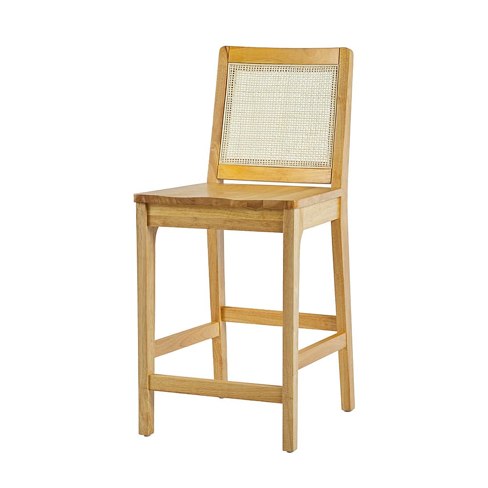 Left View: Walker Edison - Contemporary Rattan Back Inset Wood Counter Stool (2-Piece Set) - Natural