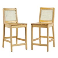 Walker Edison - Contemporary Rattan Back Inset Wood Counter Stool (2-Piece Set) - Natural - Front_Zoom