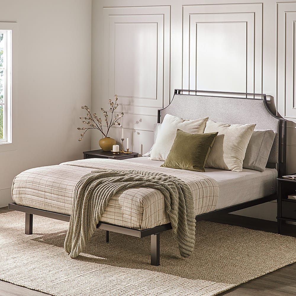 Walker Edison Traditional Metal Upholstered Queen Bedframe Gray ...