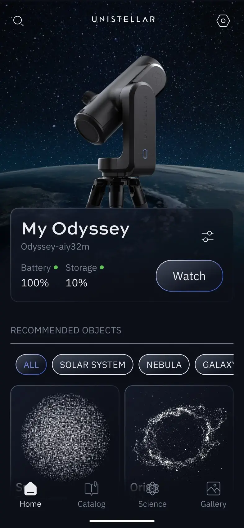 The image features a screen displaying a telescope app, with a large "My Odyssey" text at the top. The app is recommended for objects such as the solar system, nebula, galaxy, and more. The app also offers a battery storage of 100% and 10% watch, indicating that it is well-prepared for use. The app is designed to provide users with an engaging and informative experience related to astronomy and space exploration.