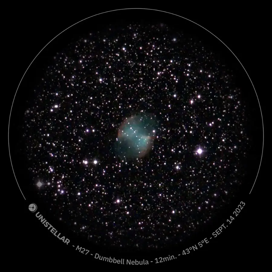 The image features a telescope view of the night sky, focusing on the Dumbbell Nebula. The image is taken in September, and the view is captured at 12 minutes past 12. The nebula is located at a position of 43 degrees north, and the telescope used is the Unistellar.