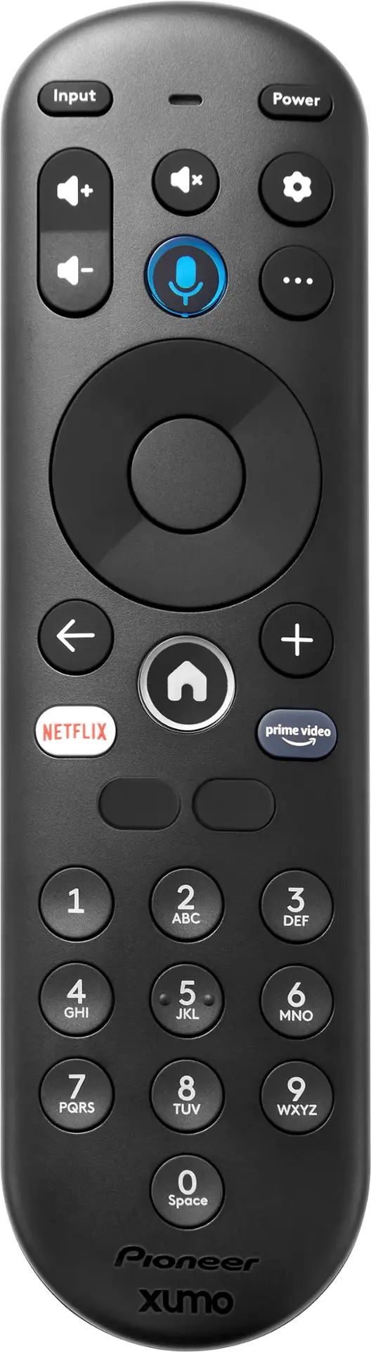 The text on the image reads: Input Power + x ... + NETFLIX prime video 1 2 ABC 3 DEF 4 GHI 5 JKL 6 MNO 7 PQRS 8 TUV 9 WXYZ 0 Space Pioneer xumo.