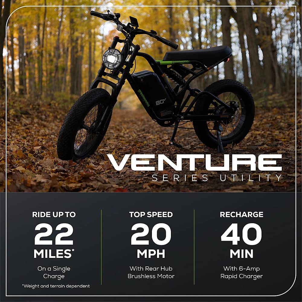 The text on the image reads:
"VENTURE SERIES UTILITY RIDE UP TO 22 MILES* ON A SINGLE CHARGE. WEIGHT AND TERRAIN DEPENDENT TOP SPEED 20 MPH. WITH REAR HUB BRUSHLESS MOTOR. RECHARGE IN 40 MIN WITH 6-AMP RAPID CHARGER."