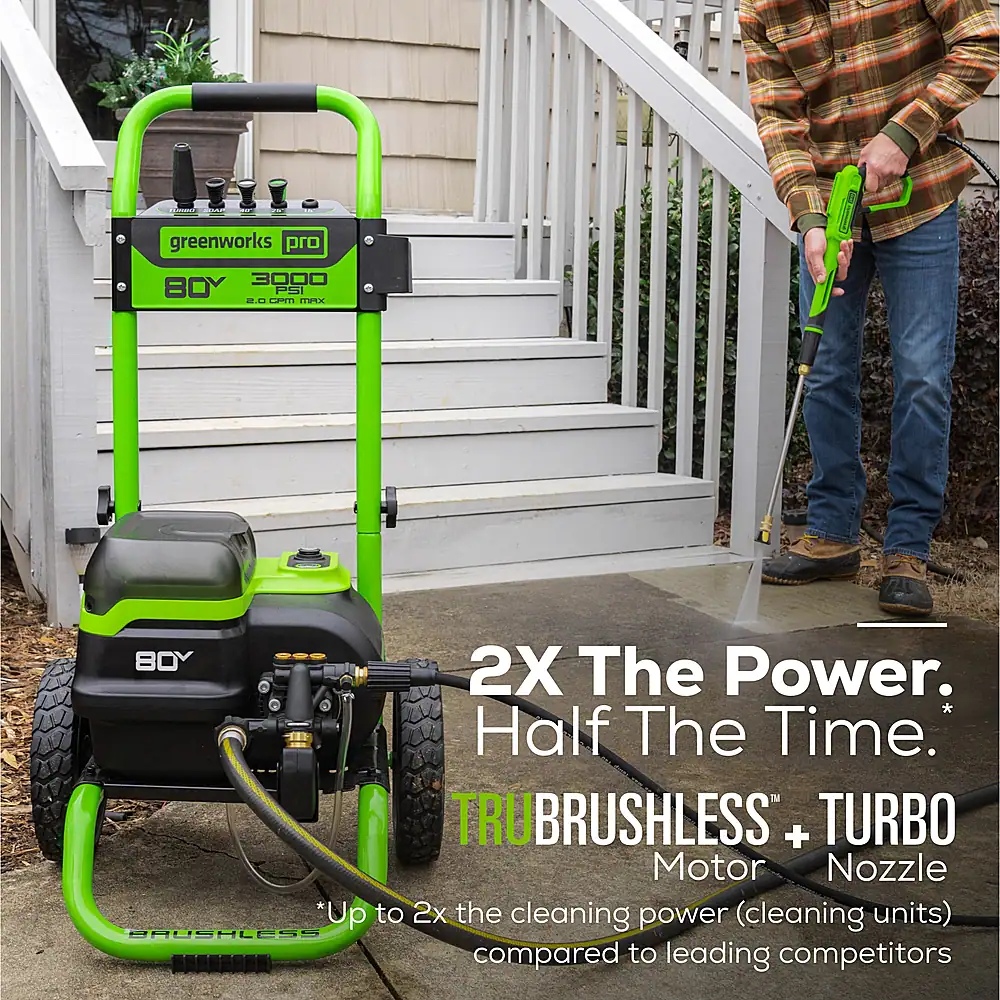 Left. Greenworks - Greenworks 80V 3000 PSI Pressure Washer with Two (2) 4.0Ah Batteries & Dual-Port Rapid Charger - Black.
