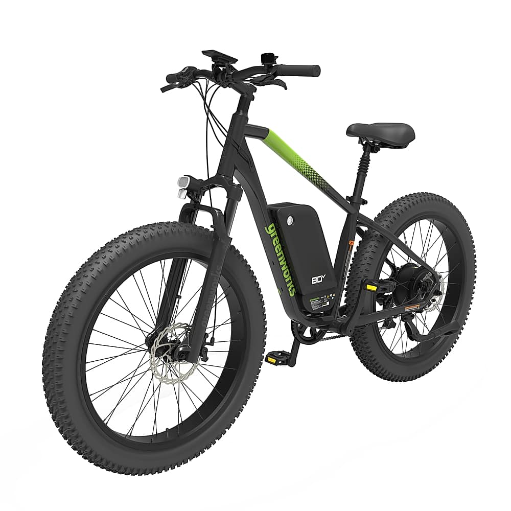 Front. Greenworks - 80V 26" Venture Series Fat Tire Mountain EBike w/ 22mi. Max Op. Range & 20mph Max Speed (Battery & Charger not included) - Black.