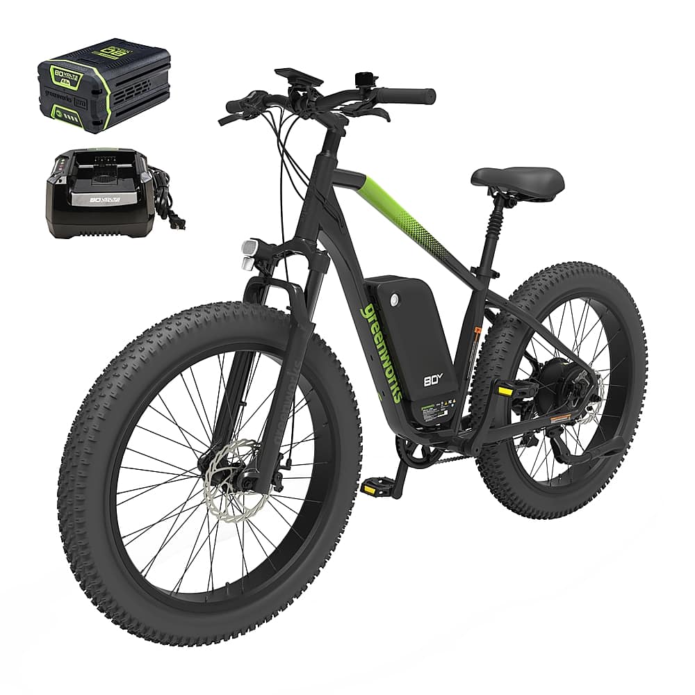 Greenworks - 80V 26" Venture Series Fat Tire Mountain EBike w/ 22mi. Max Op. Range & 20mph Max Speed w/ 4.0Ah Battery & Charger - Black - Front_Zoom