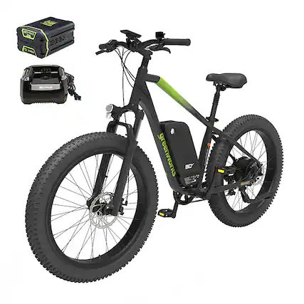 Front. Greenworks - 80V 26" Venture Series Fat Tire Mountain EBike w/ 22mi. Max Op. Range & 20mph Max Speed w/ 4.0Ah Battery & Charger - Black.