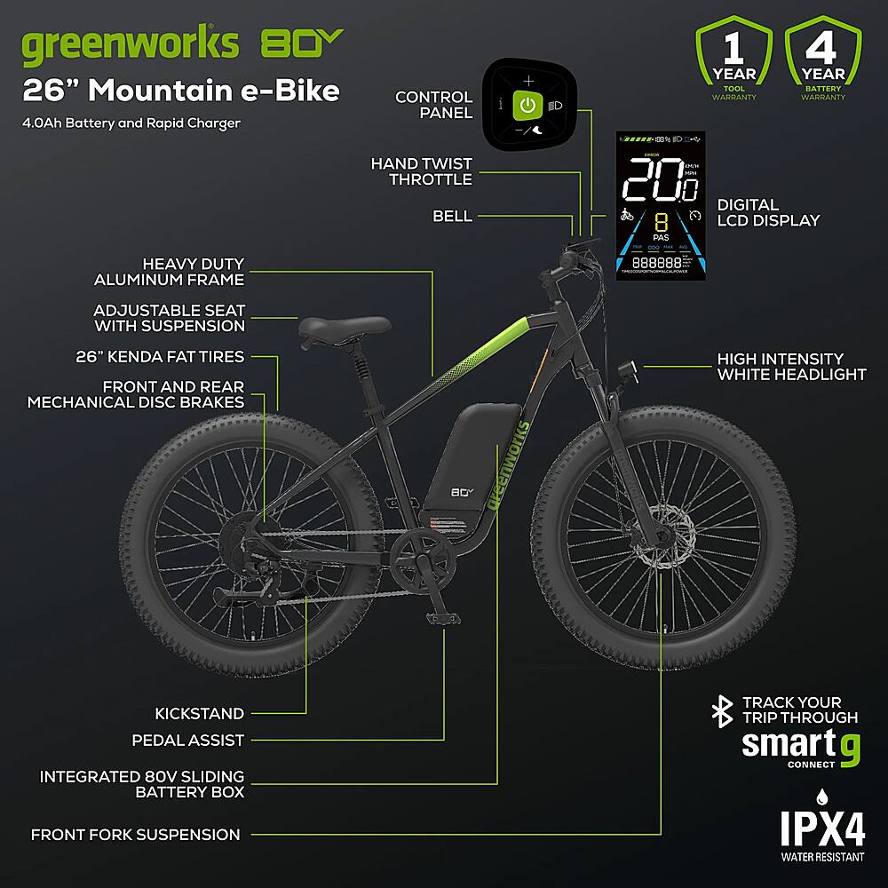 Alt View 11. Greenworks - 80V 26" Venture Series Fat Tire Mountain EBike w/ 22mi. Max Op. Range & 20mph Max Speed w/ 4.0Ah Battery & Charger - Black.