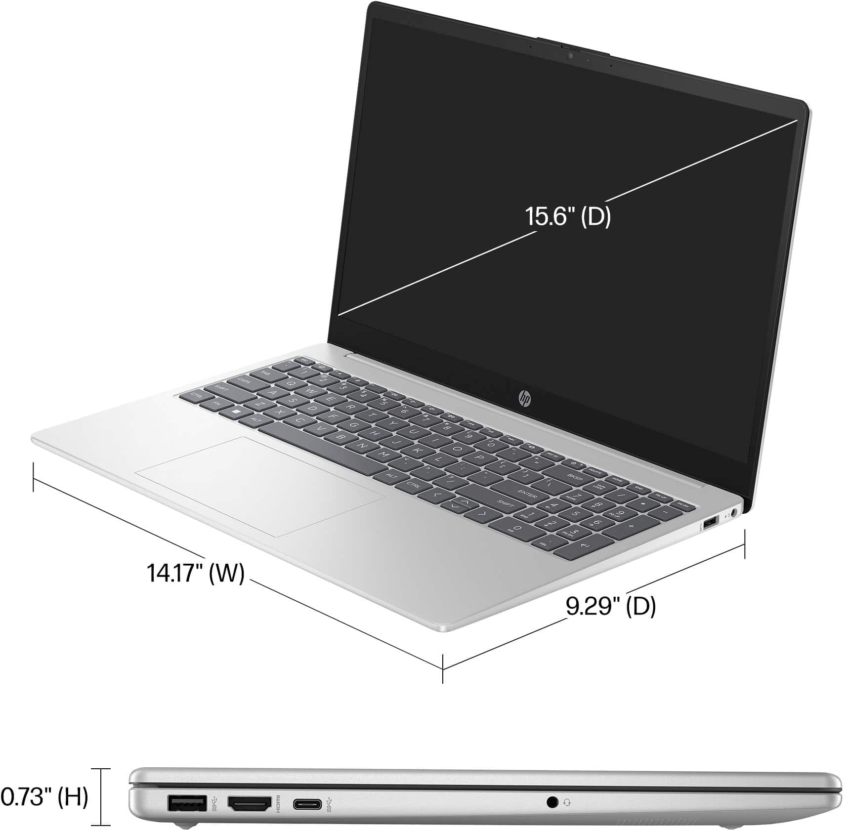 The image shows a laptop computer with a 15.6" screen size and a 14.17" width. The laptop is described as having a 0.73" height. The laptop is open and ready for use.