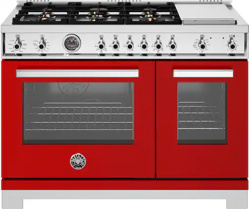 Front. Bertazzoni - 48" Professional Series range - Electric self clean oven - 6 brass burners + griddle - Red.