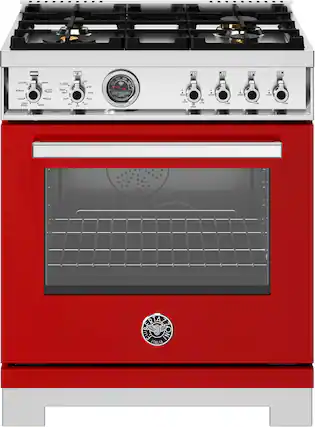 Front. Bertazzoni - 30" Professional Series range - Electric self clean oven - 4 brass burners - Red.